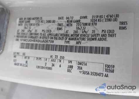 2013 Ford Escape Sel z USA, uszkodzony, nr VIN 1FMCU0H9XDUA06709